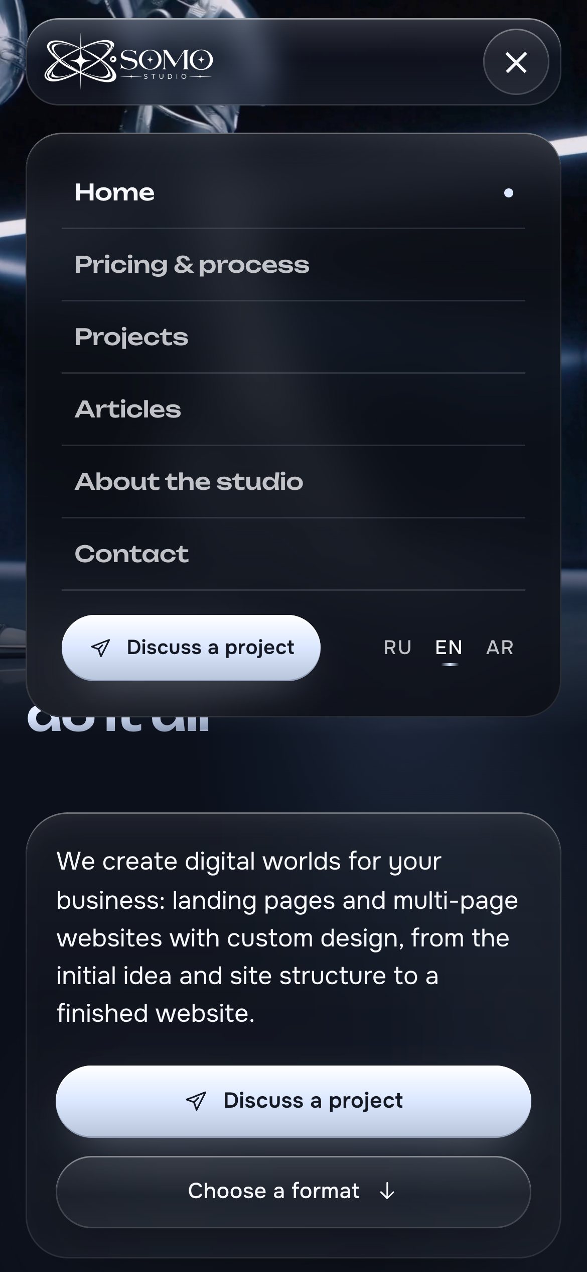 Мобильная версия SOMO STUDIO: открытое меню